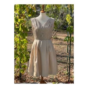 1950s Frenchshire Gold Metallic Formal Dress Midi Beaded Sequins Bodice Sz M/L